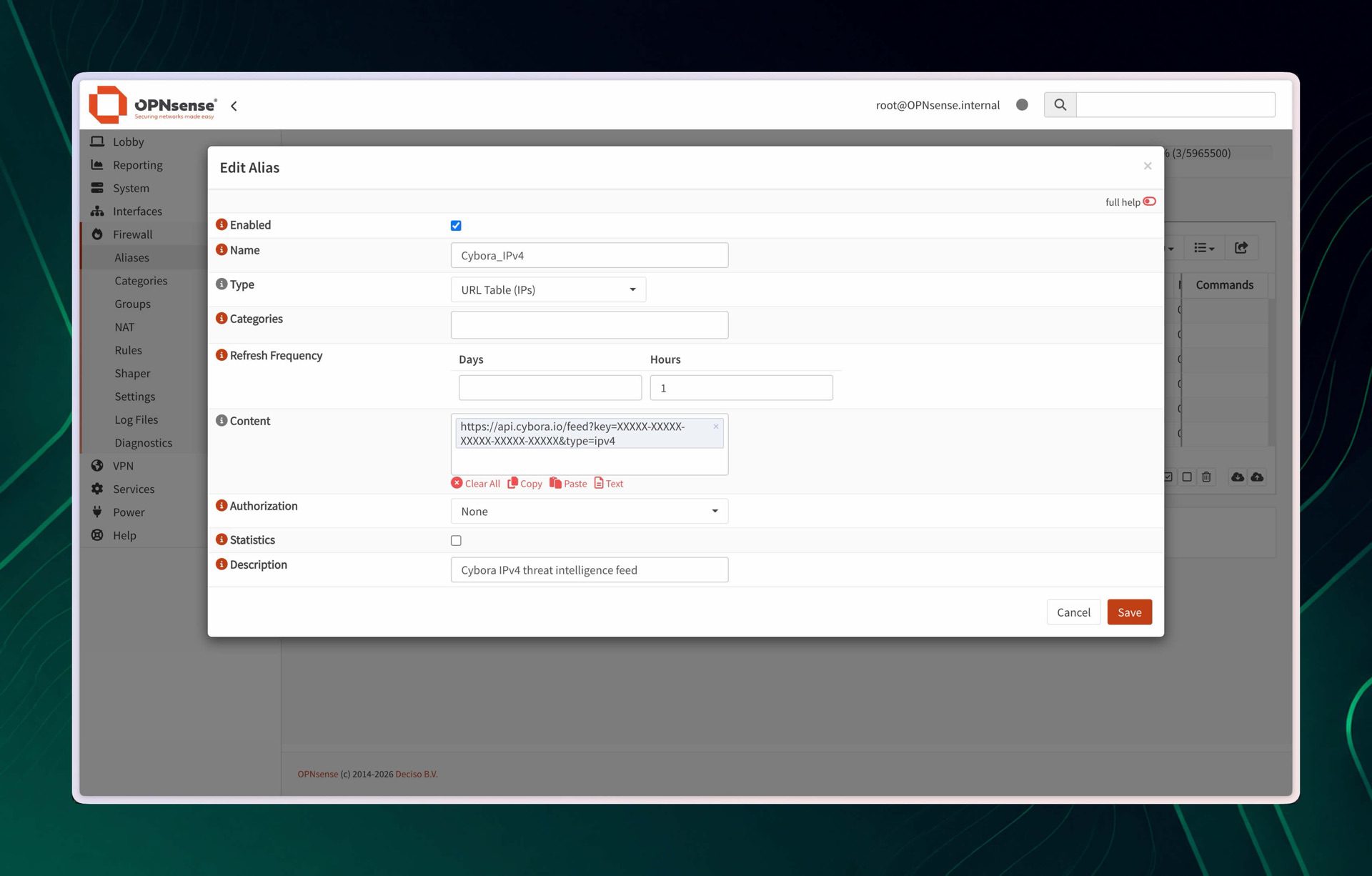 OPNsense dialog for configuring a Cybora IPv4 feed as a URL Tables IPs alias