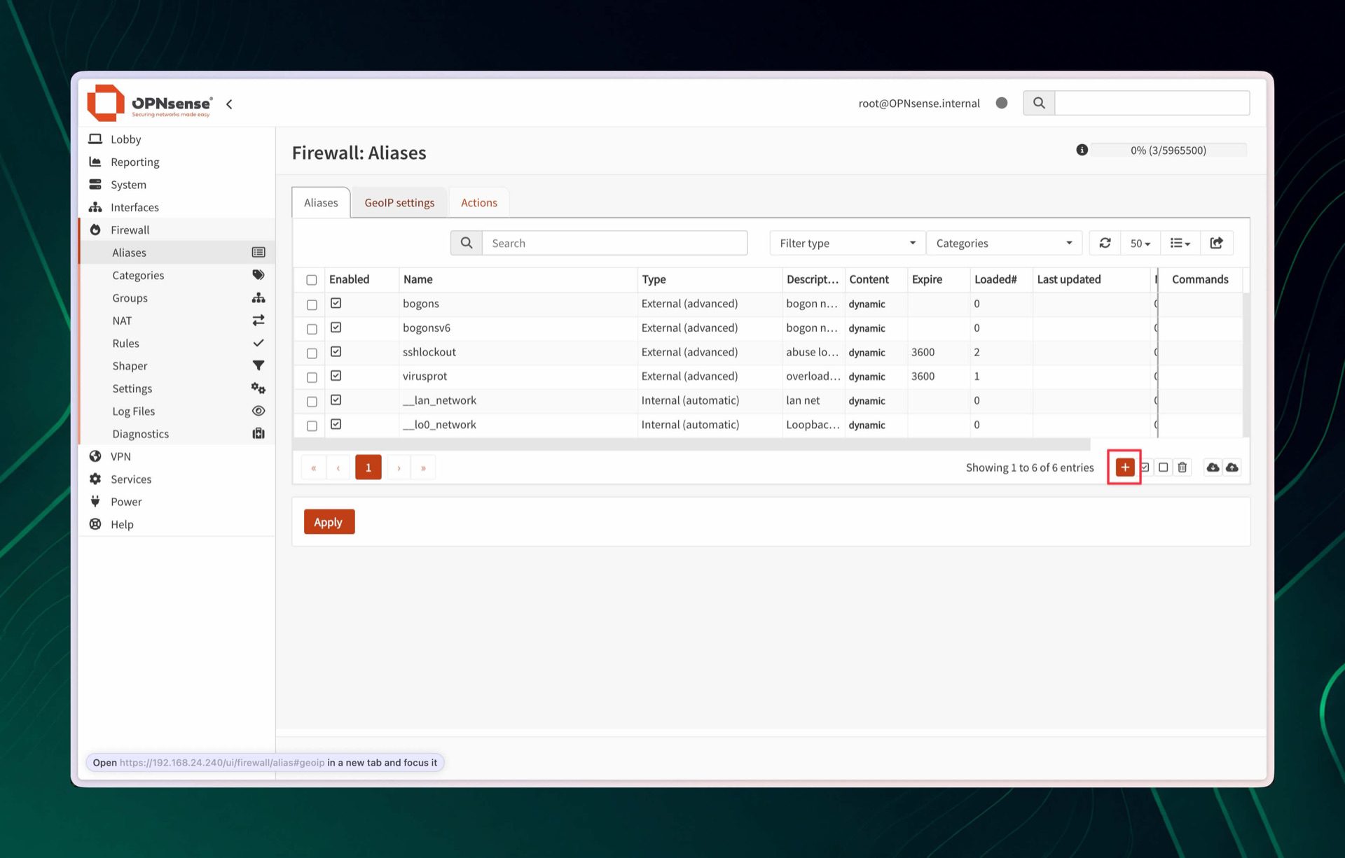 OPNsense alias overview with the plus button highlighted for adding an alias