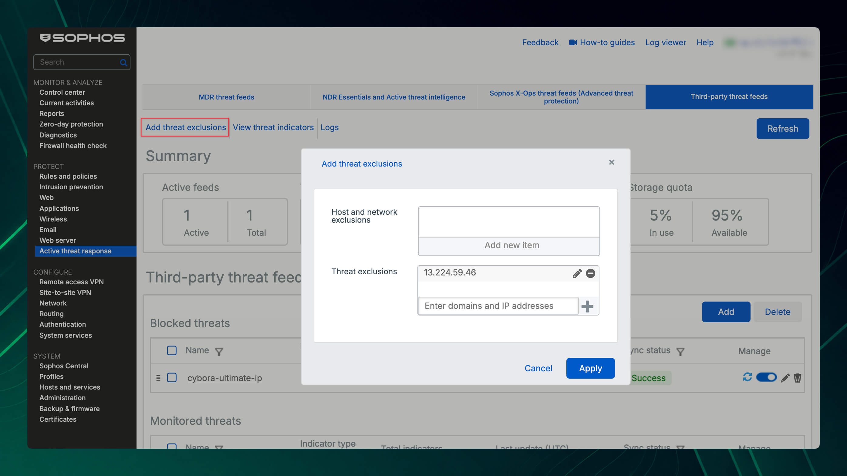 Finestra Add threat exclusions di Sophos Firewall per host, reti, indirizzi IP, domini e URL