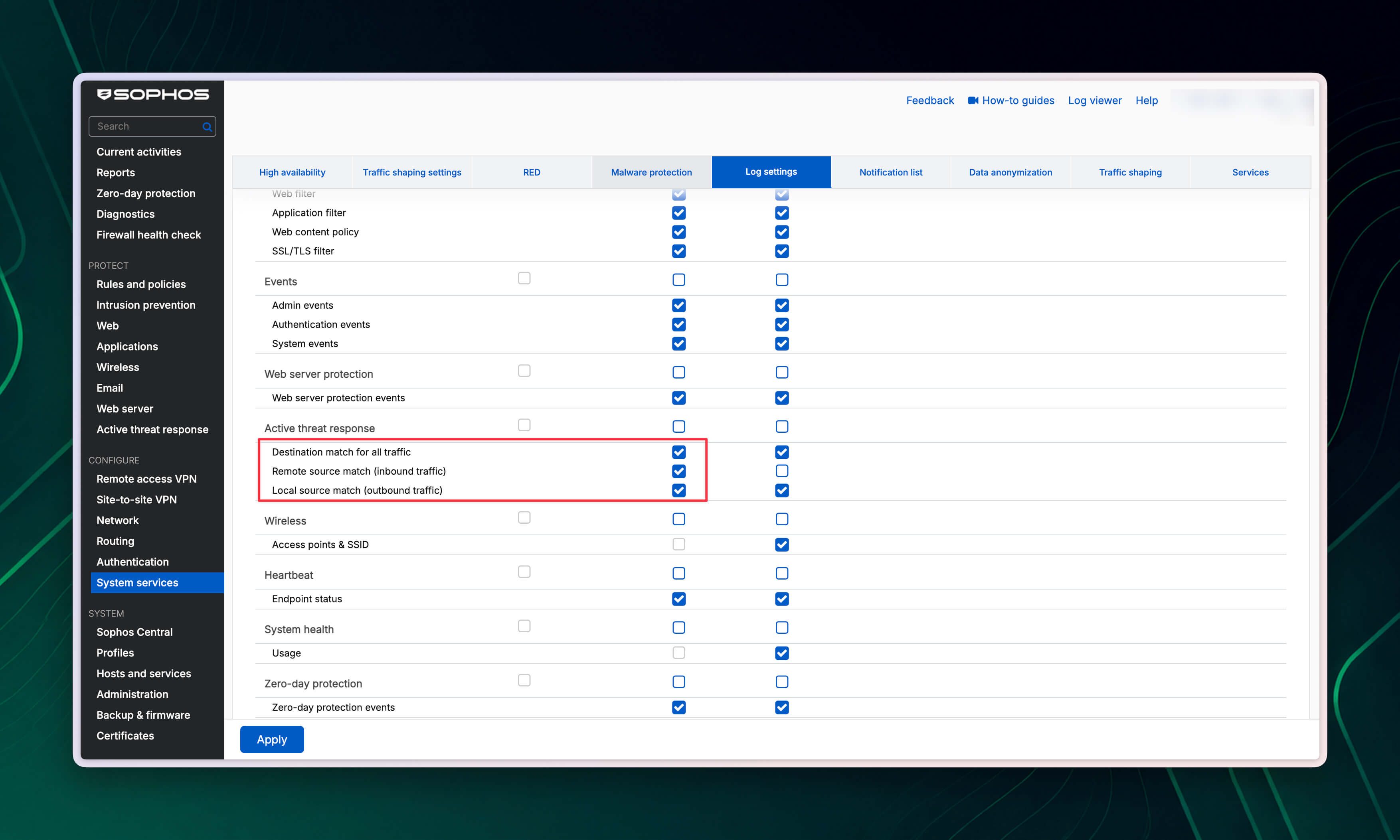 Log settings di Sophos Firewall con le tre categorie Active Threat Response evidenziate