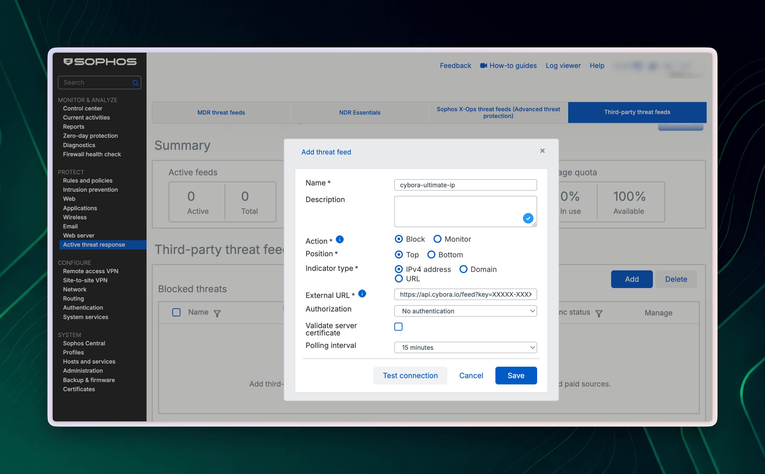 Finestra Add threat feed di Sophos Firewall con impostazioni di esempio per un feed IPv4 Cybora in modalità Block