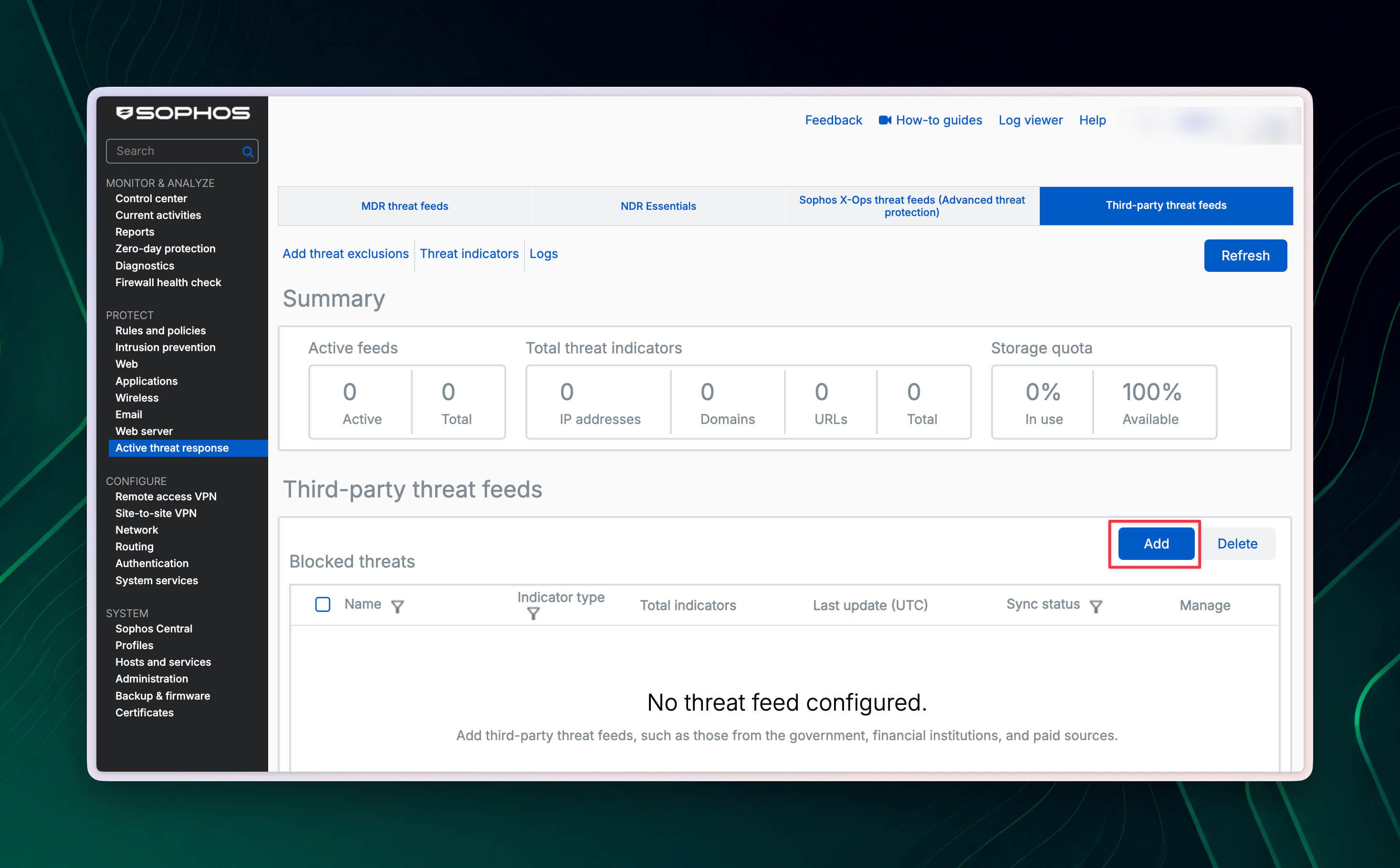 Panoramica dei Third-party Threat Feeds in Sophos Firewall con il pulsante Add evidenziato